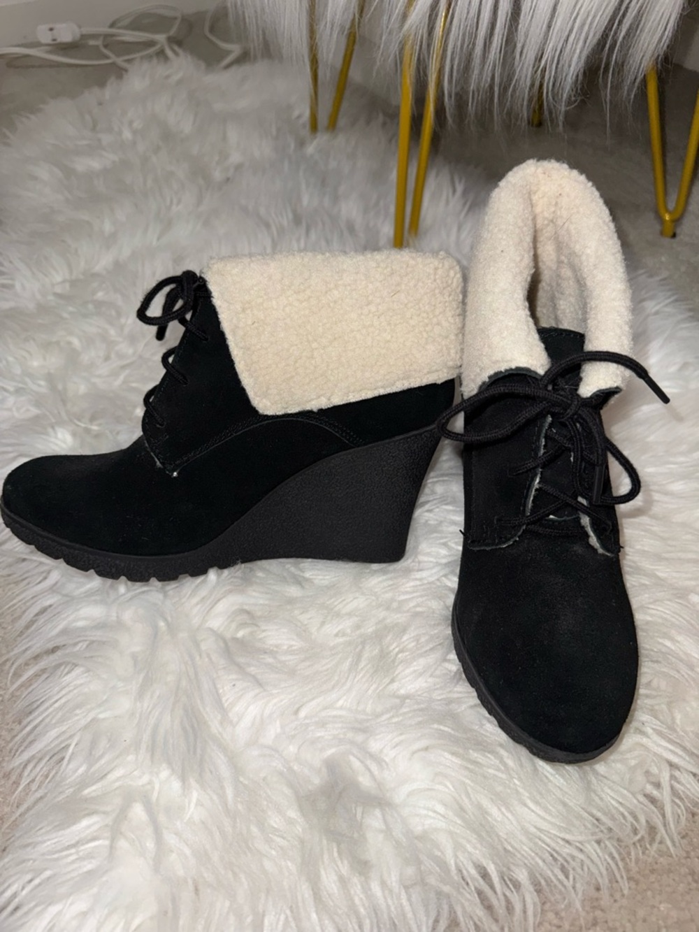 MIA Black Suede Wedge Ankle Boots with Cream Shearling Cuff